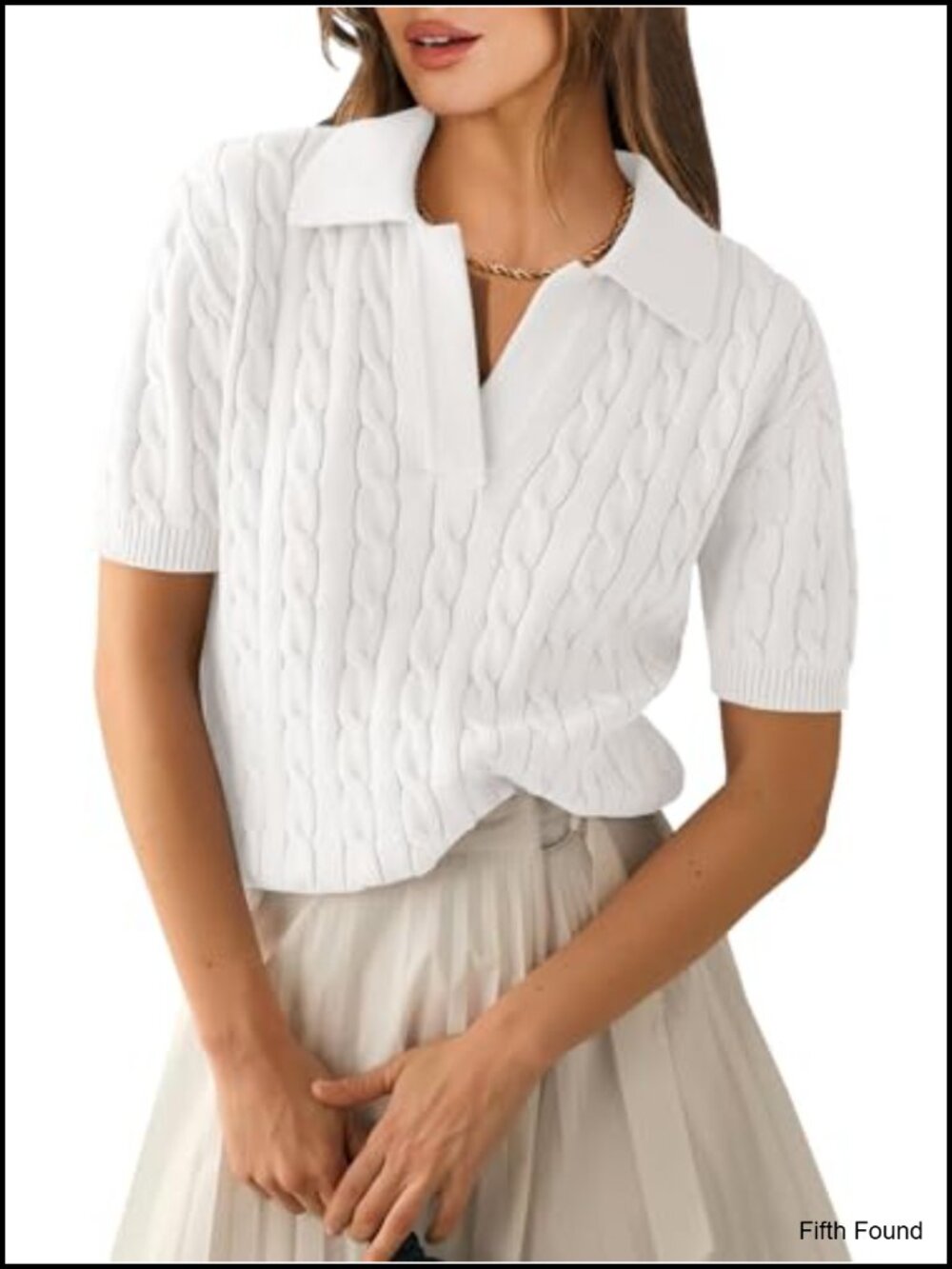 Womens Short Sleeve Cable Knit Polo Sweater Loose Fit V-Neck Summer Top